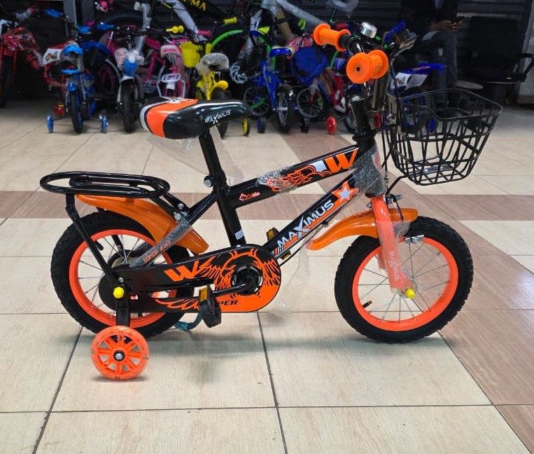 Maximus size 12 Kids Bicycle with Basket and Training Wheels – Black/Orange