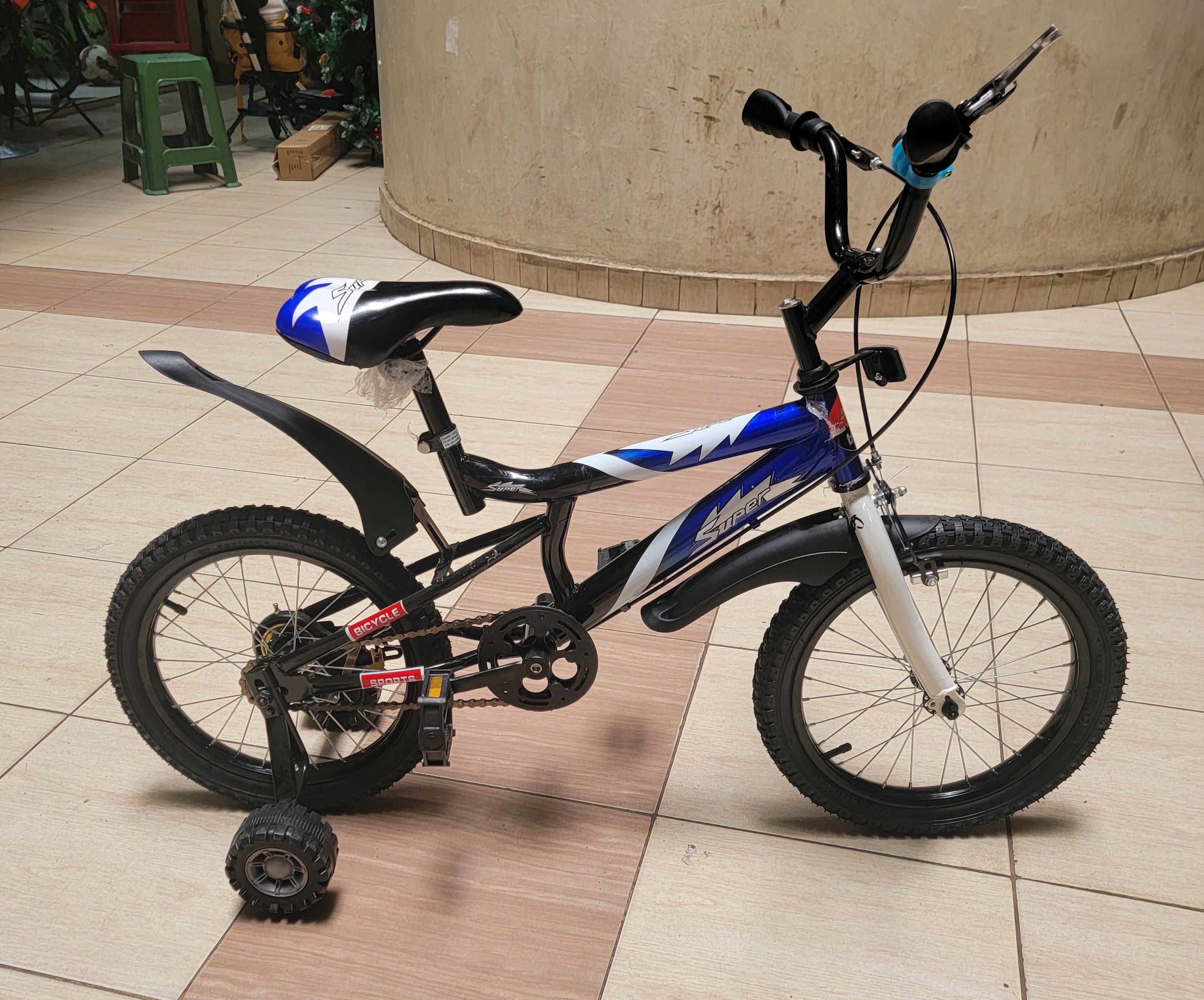 Kids Super Bike 16 Inch Blue Black with Training Wheels