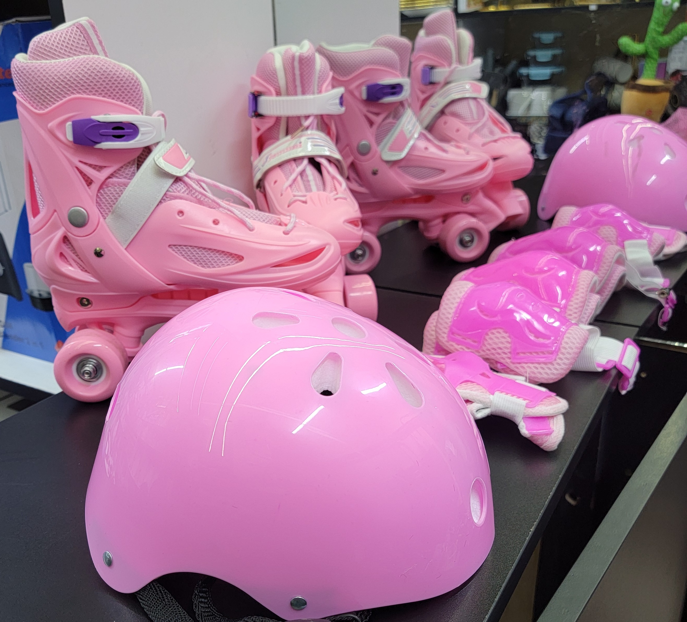 Pink Quad Roller Skates Set with Full Protective Gear