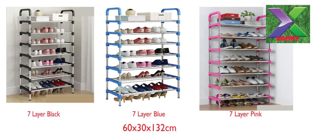 Metallic 7 Tier Shoe Rack – Black/Blue/Pink
