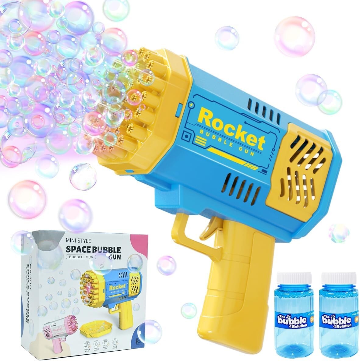 Rocket Space Bubble Gun with 2 Bubble Solutions – Blue/Yellow